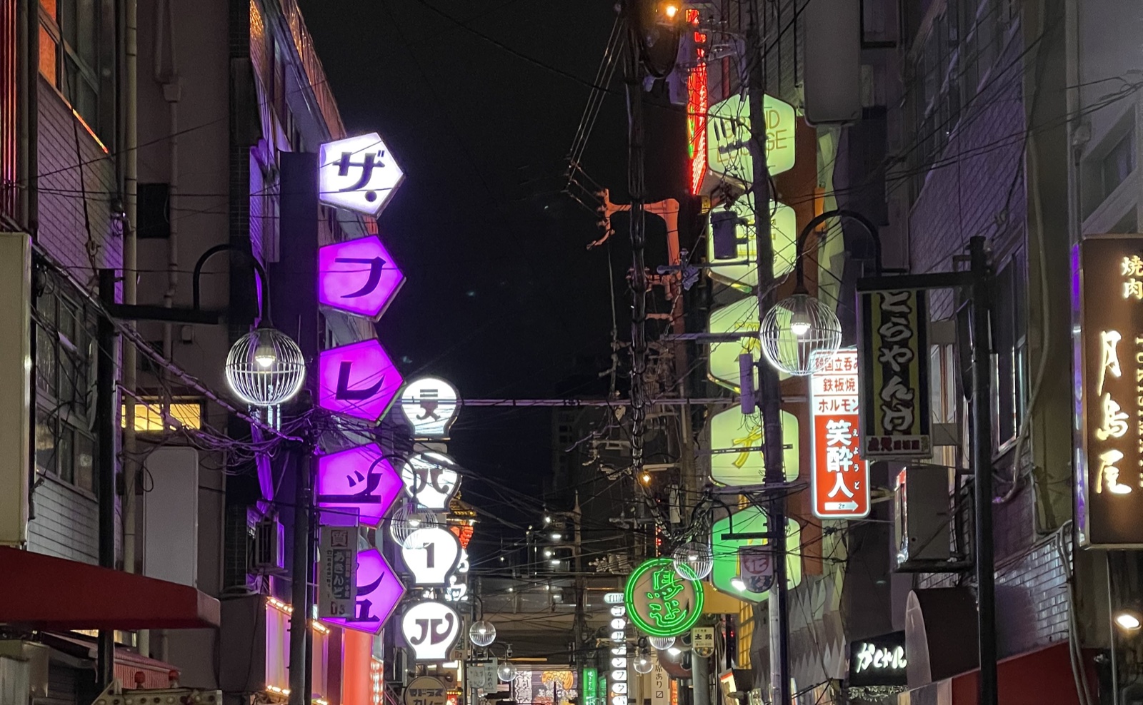 Neon signs and globe lamps in a narrow Osaka street at night.